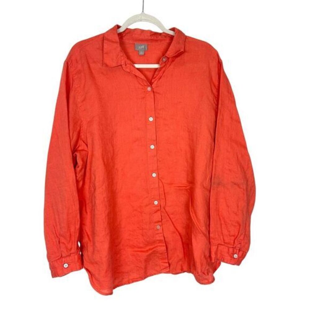 J. Jill Button Up Shirt Womens Orange XL 100% Linen Long Sleeve Casual Coastal